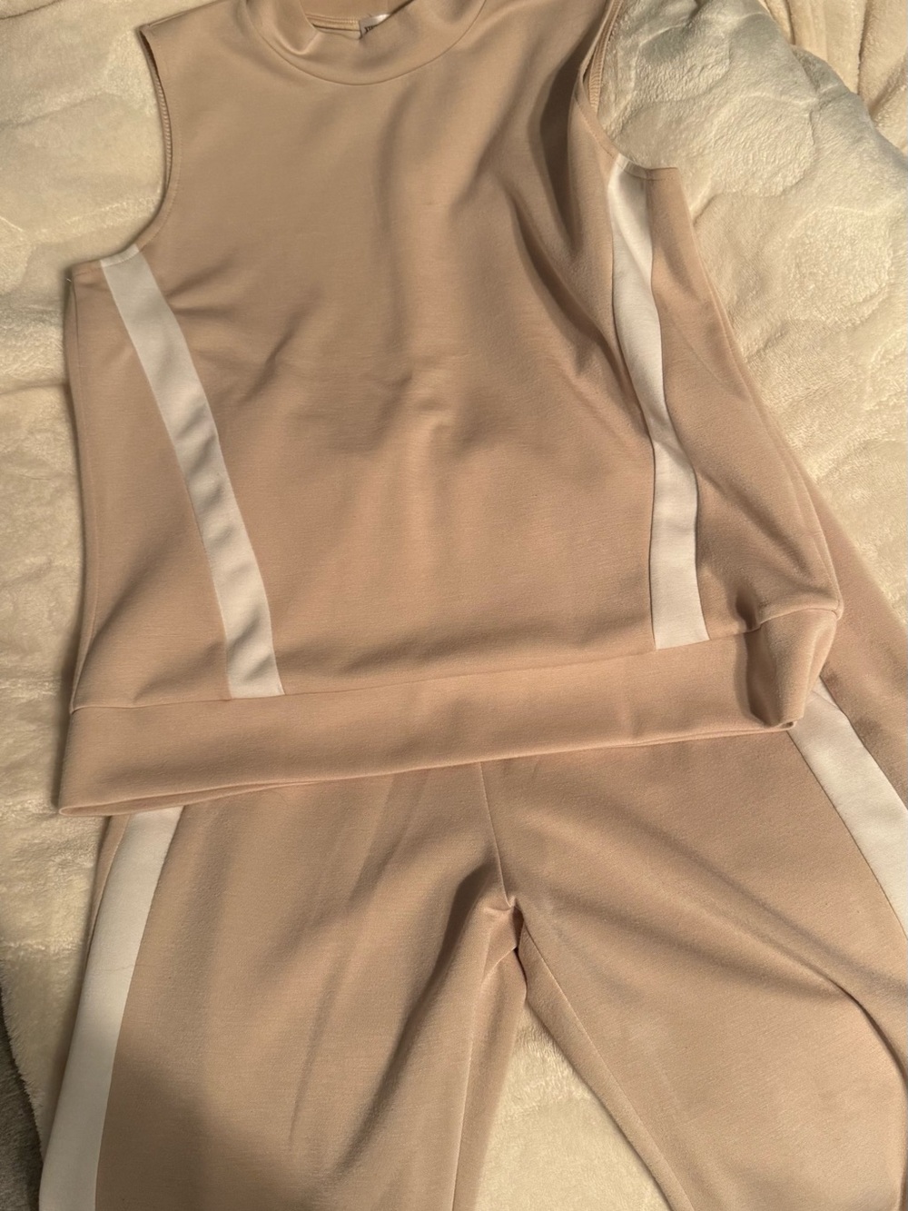 Sleeveless Beige Lounge Jumpsuit with White Side Stripes